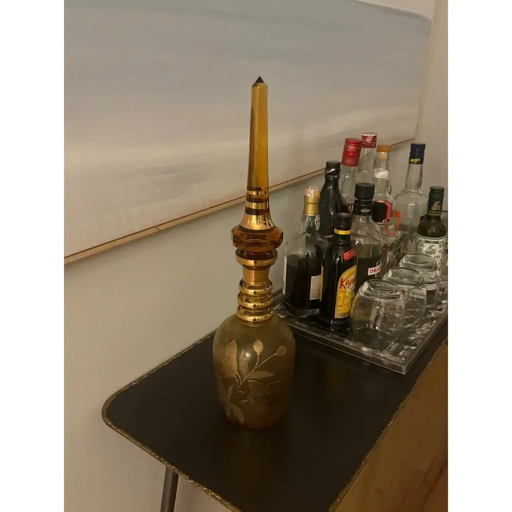 Vintage MOSER Large Decanter Art Nouveau tall stopper 19” Gold Floral 60s